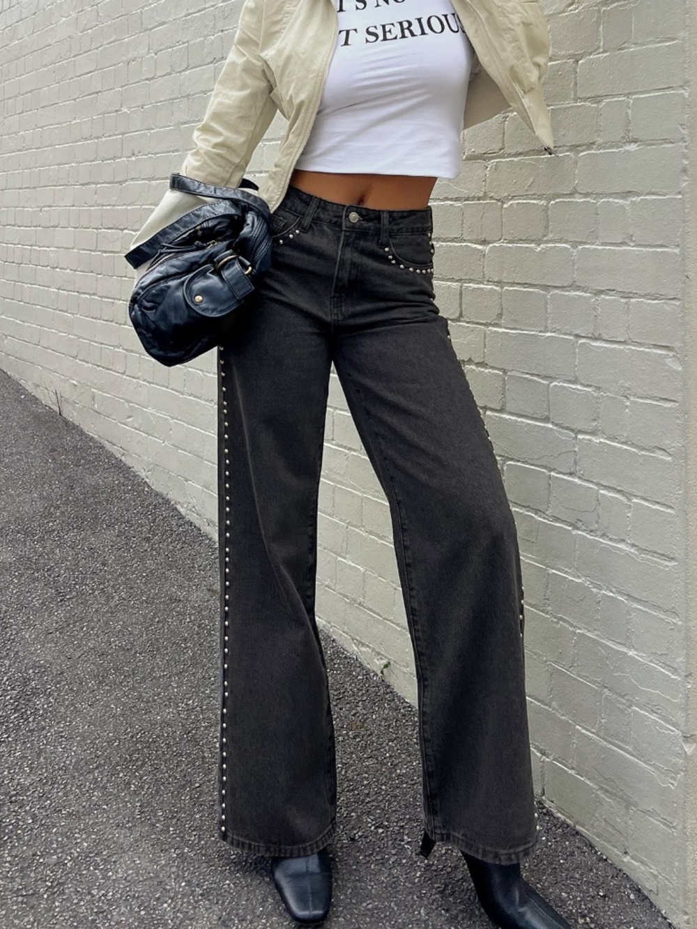 Princess Polly Saving Up Mid Rise Straight Leg Studded Jeans Jet Black